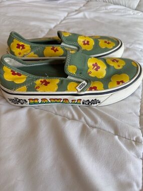 Vans Womans Green Slip-On Sneakers with Yellow Floral Print